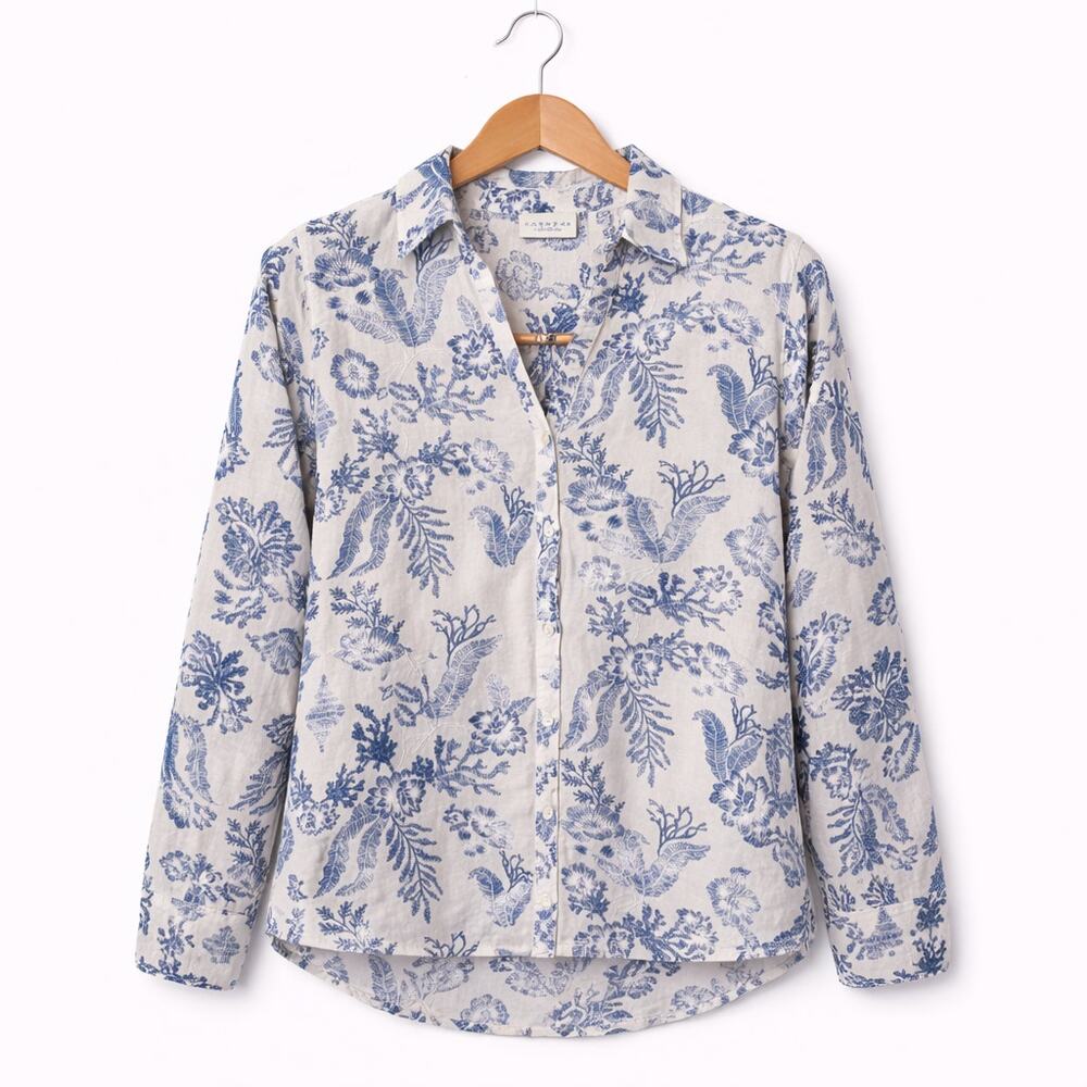 Calypso St Barth Top Womens Size Small White Blue Embroidered Linen Blend